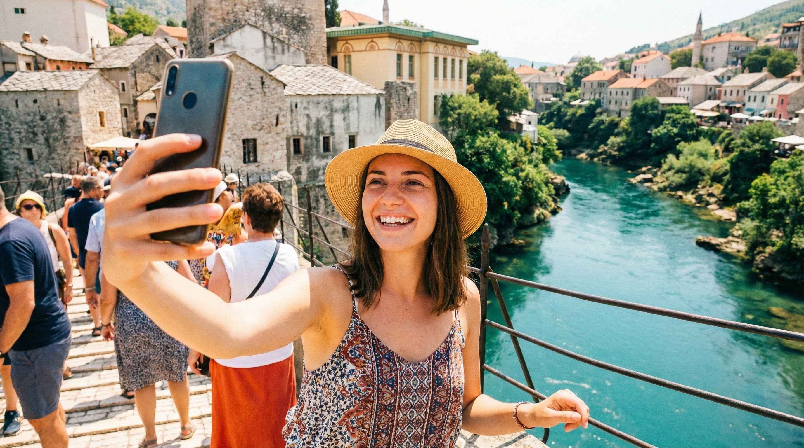 Turista fot&iacute; Star&yacute; most v Mostaru, levn&aacute; data v Bosně a Hercegovině, eSIM Cellesim.