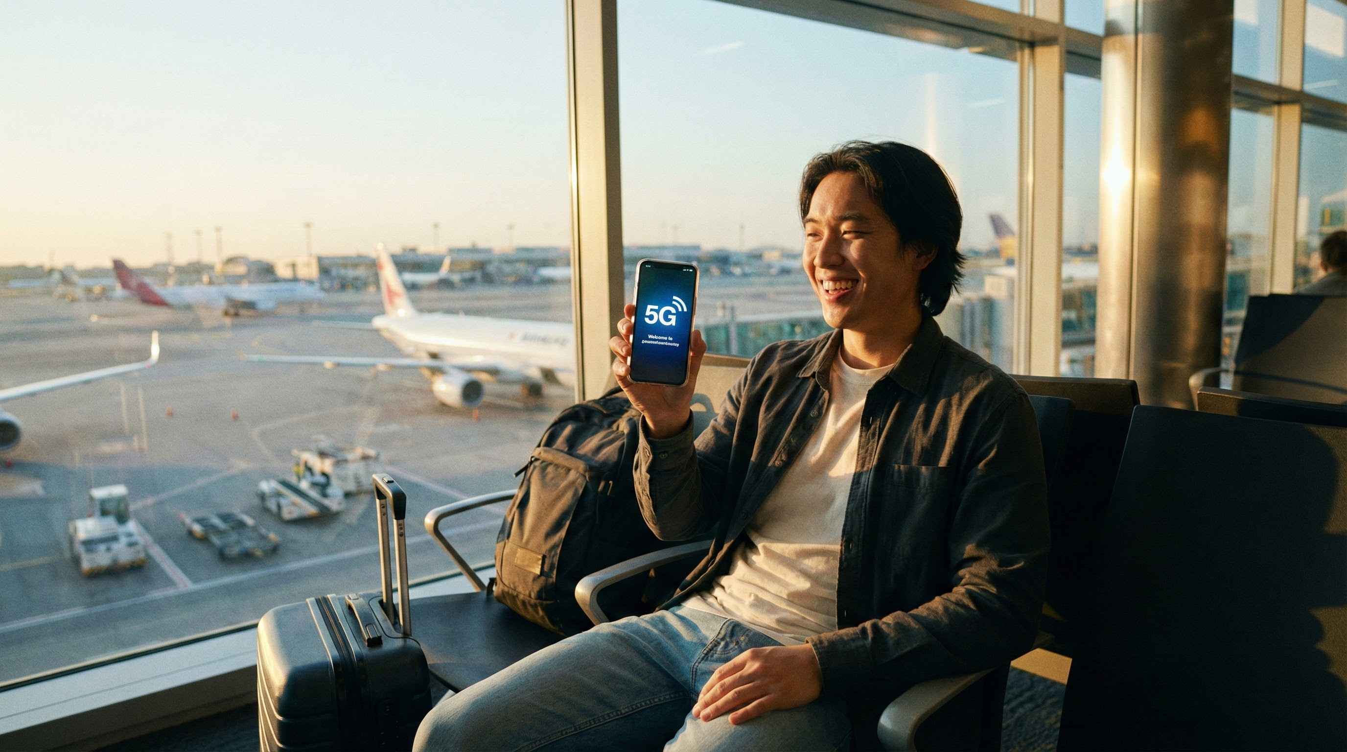 Traveler activating data roaming on phone upon arrival, successful internet connection abroad.