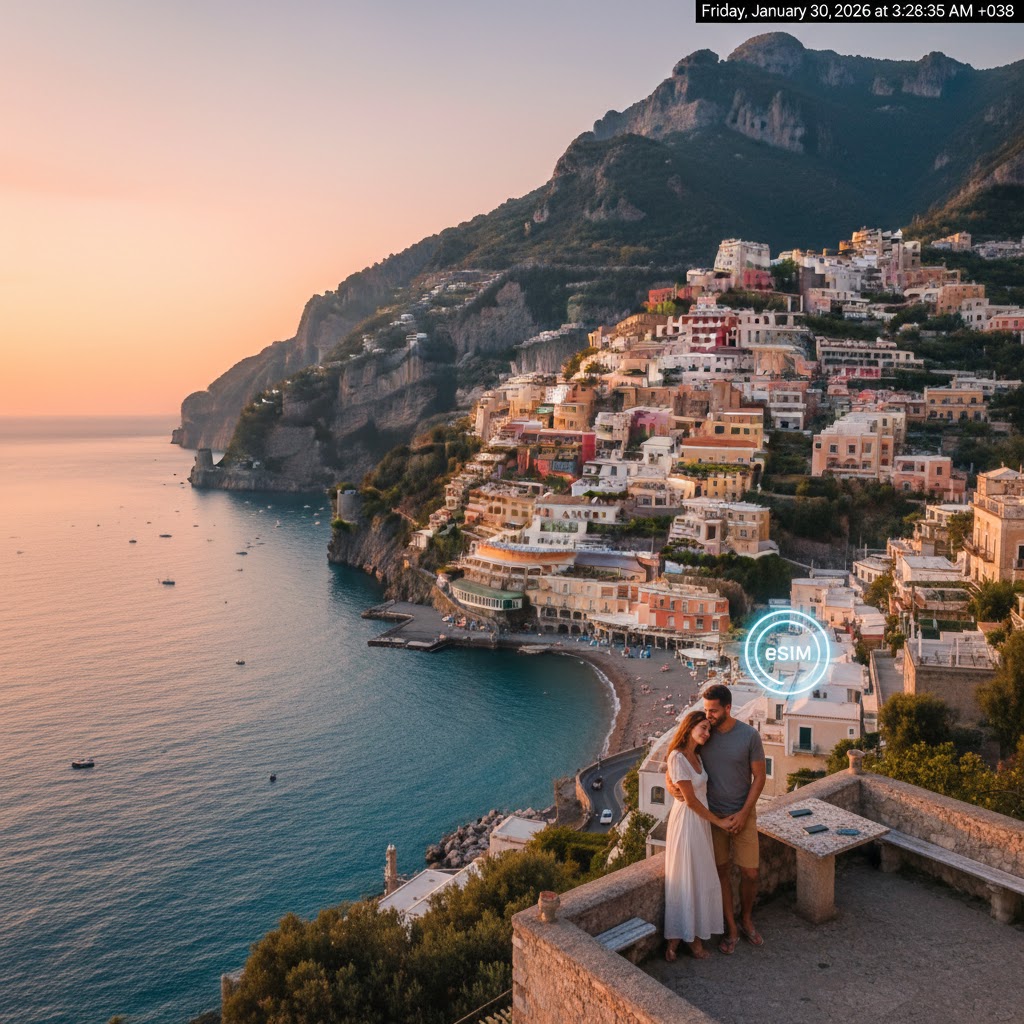 Beautiful landscape of the Amalfi Coast, representing a worry-free Italian vacation with reliable mobile data.