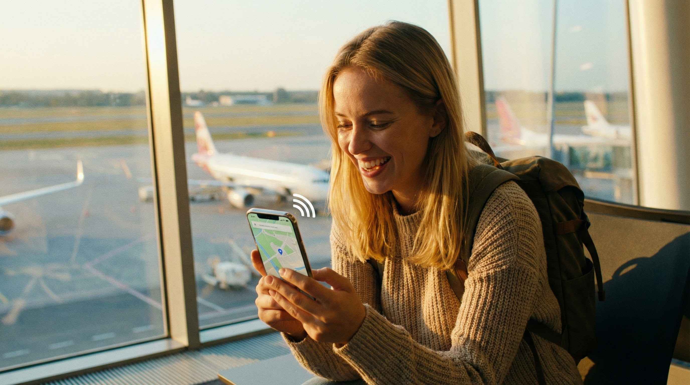 Toerist activeert gegevensroaming bij aankomst, succesvolle internetverbinding in het buitenland.