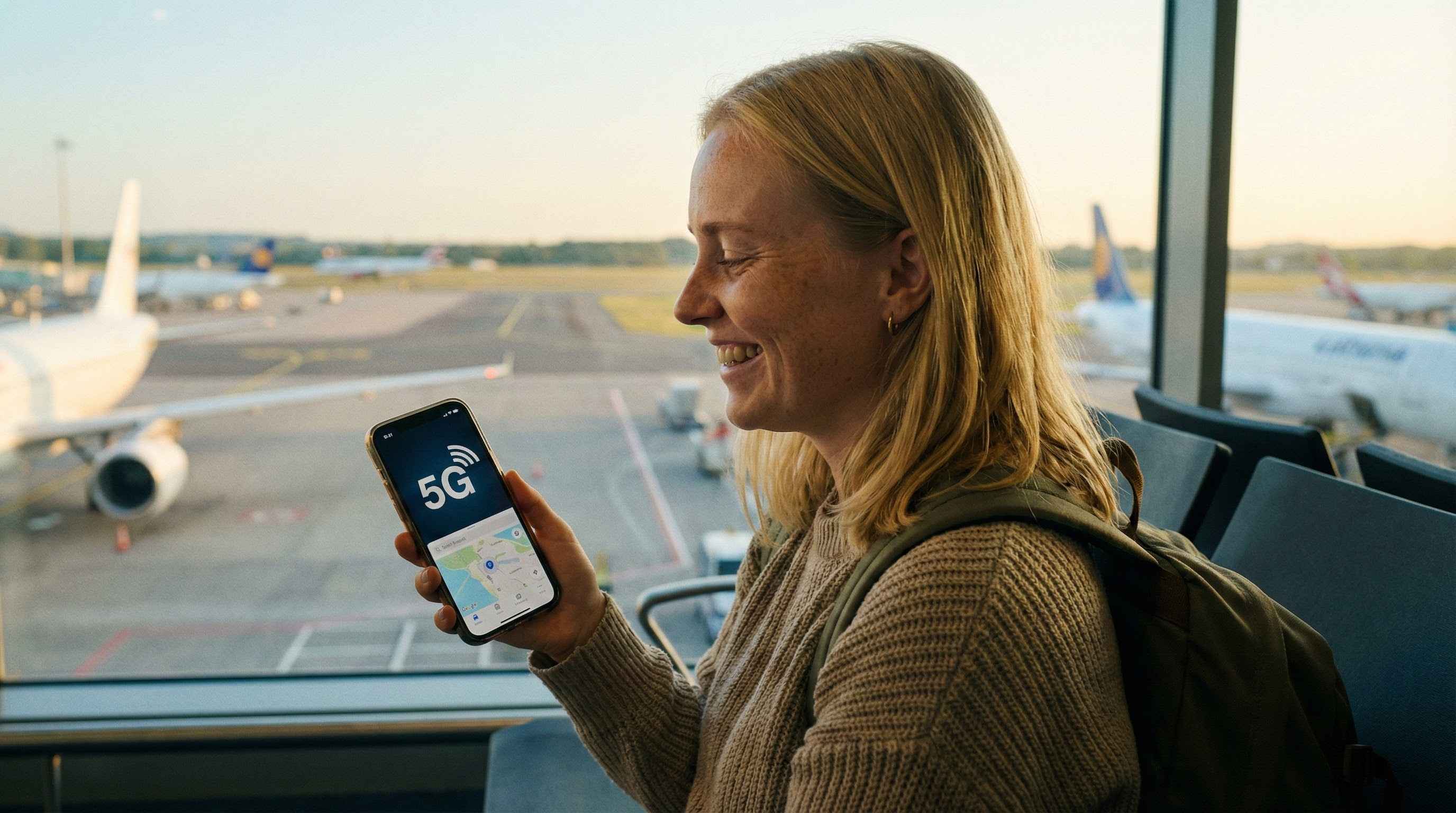 Turist aktiverar dataroaming vid ankomst, lyckad internetanslutning utomlands.