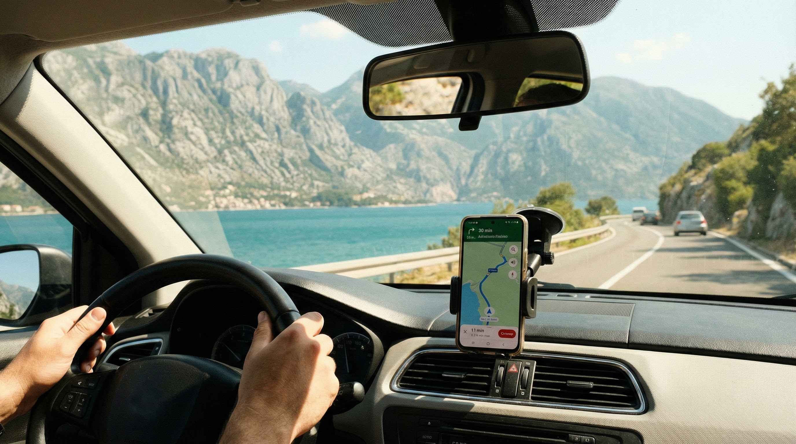 Podr&oacute;ż samochodem na Bałkany, nawigacja GPS na granicy Chorwacji i Czarnog&oacute;ry.