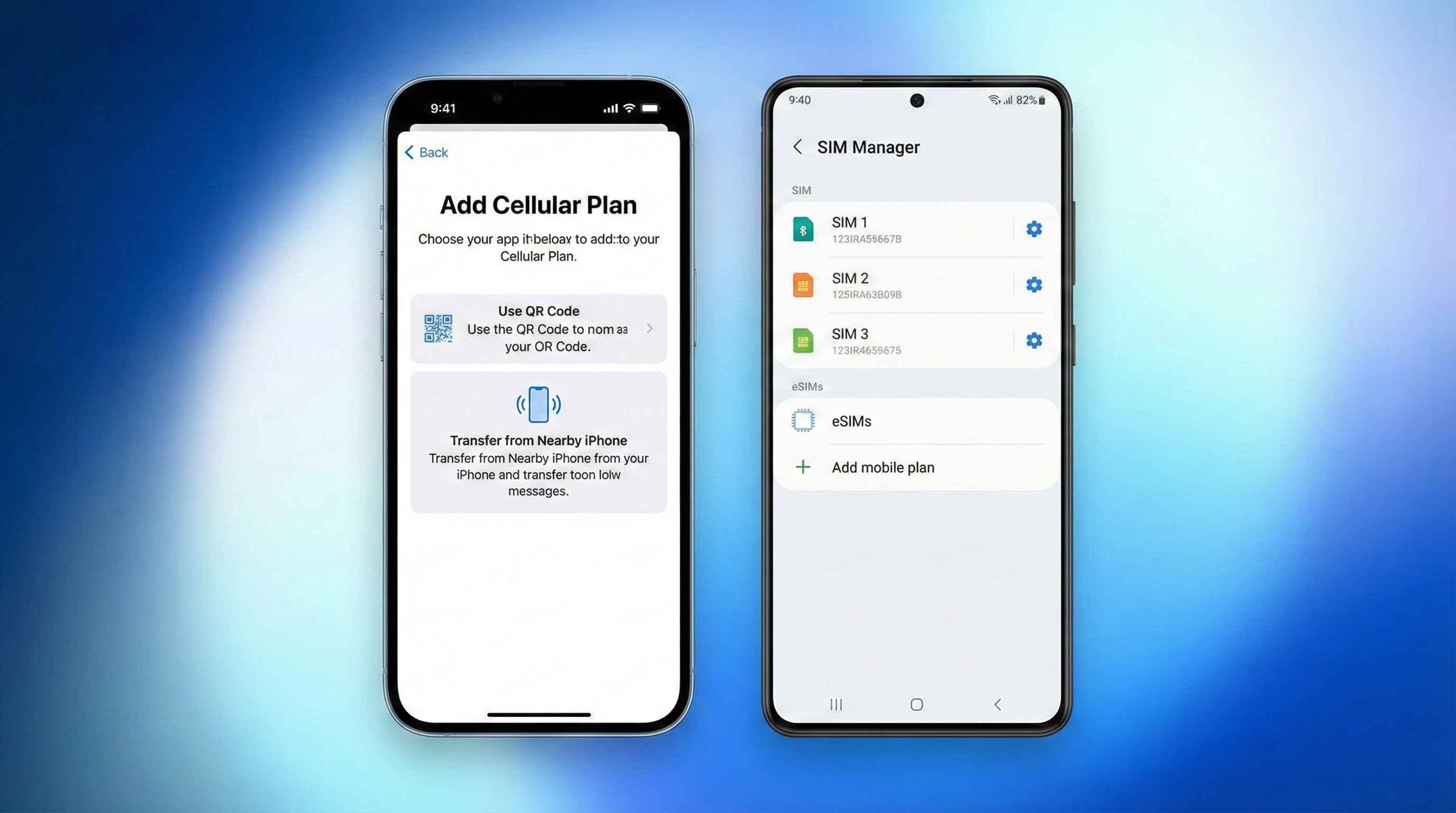 Men&uacute; de configuraci&oacute;n de iPhone y Android para agregar un nuevo plan de datos eSIM.