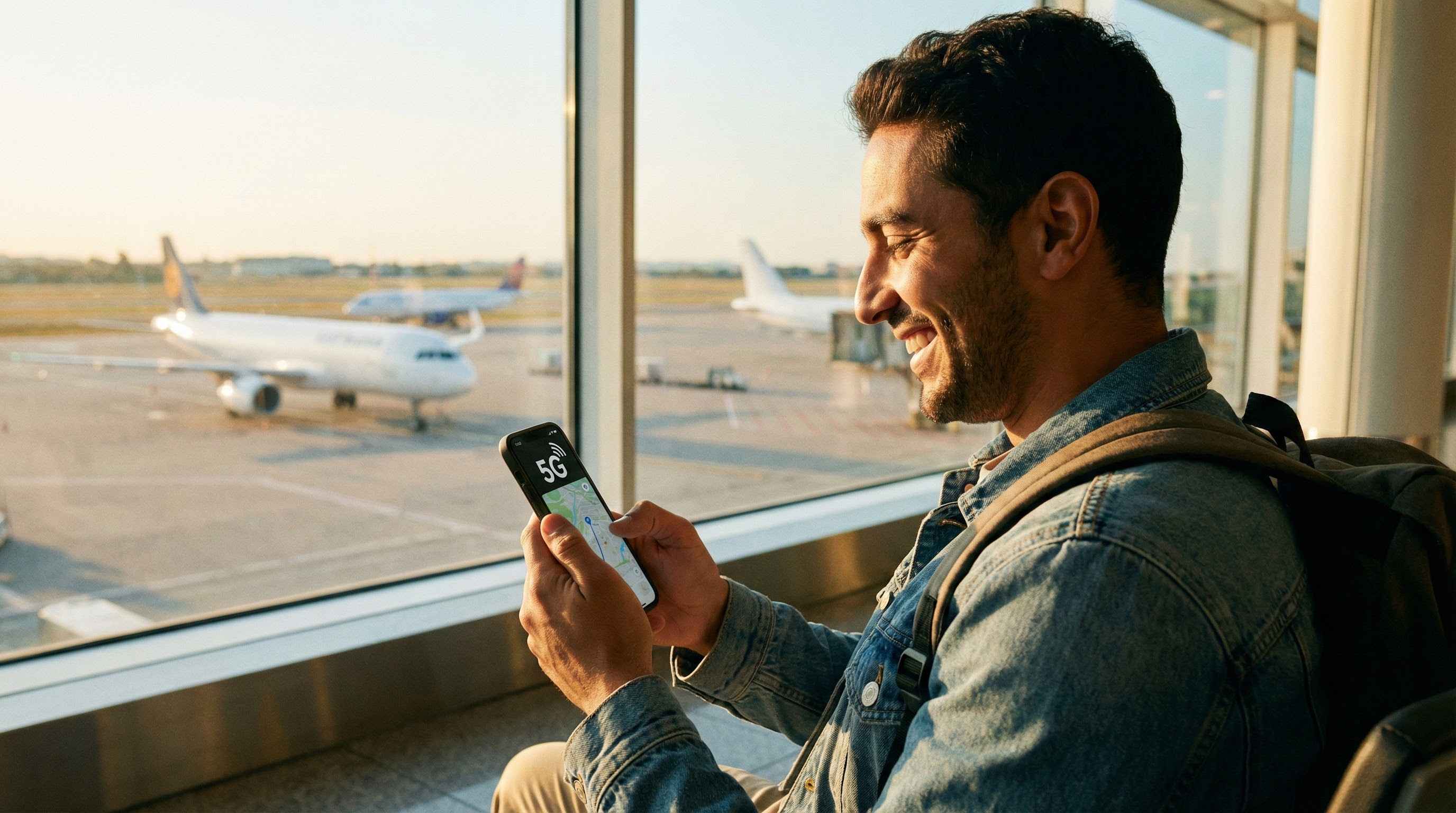 Turista che attiva il roaming dati all'arrivo, connessione internet riuscita all'estero.