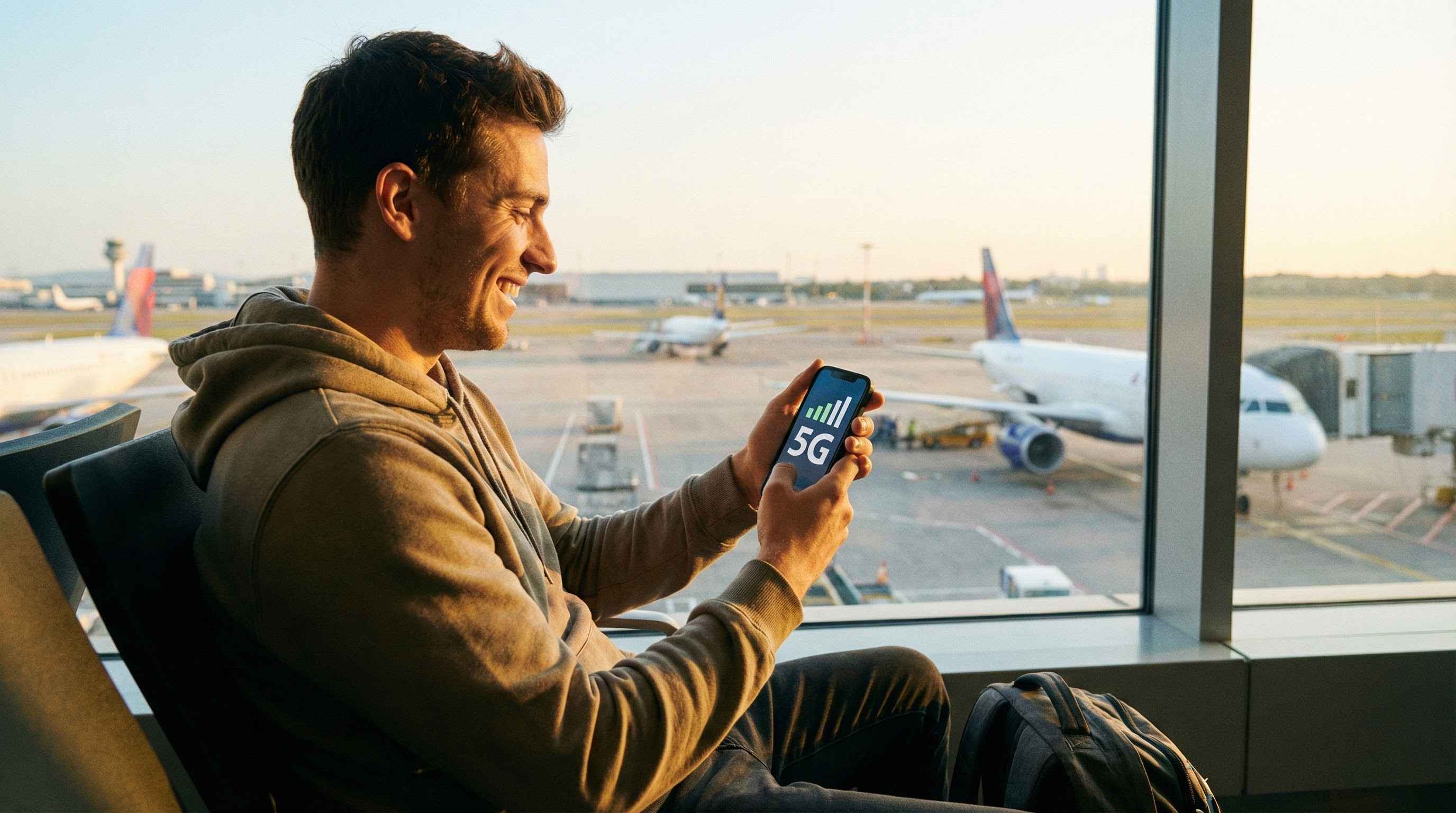 Viajero activando itinerancia de datos en el m&oacute;vil al llegar, conexi&oacute;n a internet exitosa en el extranjero.