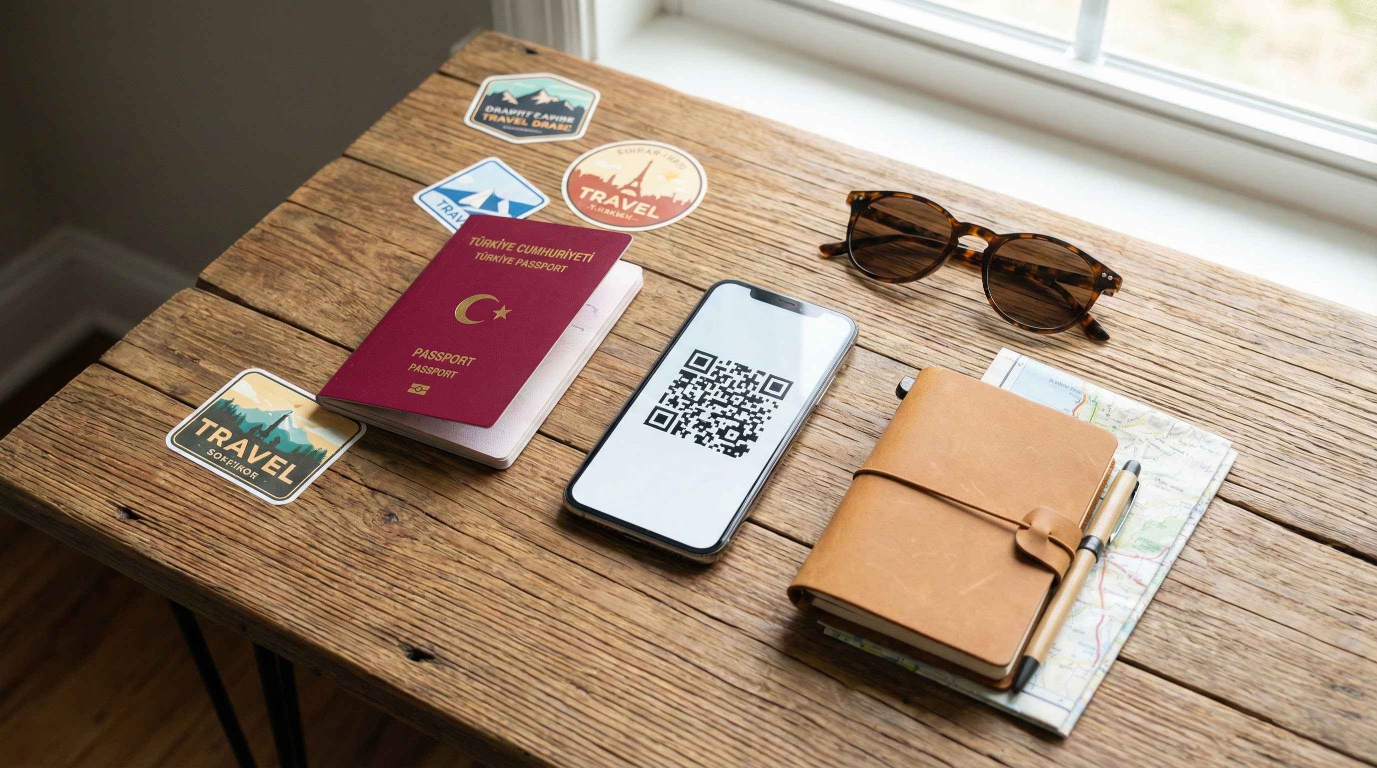 Seyahat hazırlığı, pasaport yanında eSIM aktivasyonu i&ccedil;in QR kod g&ouml;steren akıllı telefon.